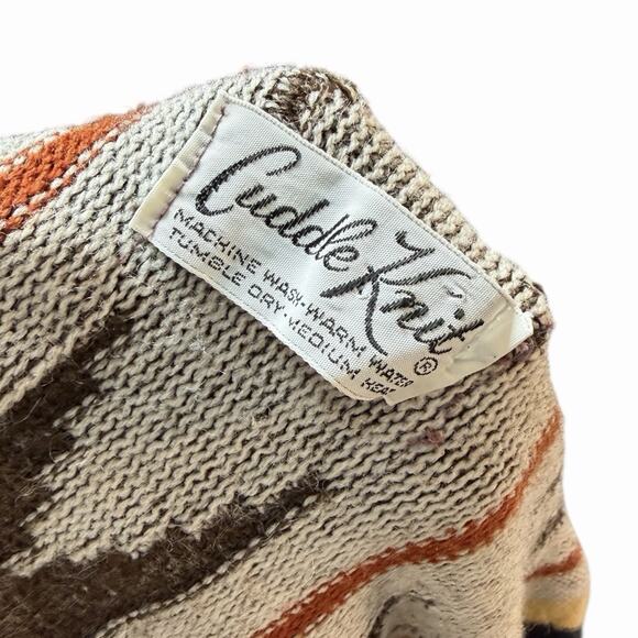 VTG BOHO AZTEC 60s 70s PONCHO HOODED FRINGED WESTERN FESTIVAL CUDDLE KNIT OS - Picture 6 of 6